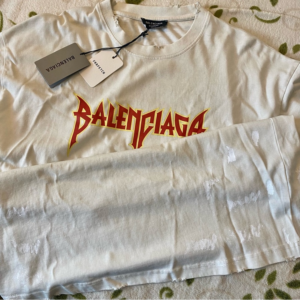 NWT Balenciaga Metal T-Shirt Distressed Logo Mens White Tee - Size XXL
